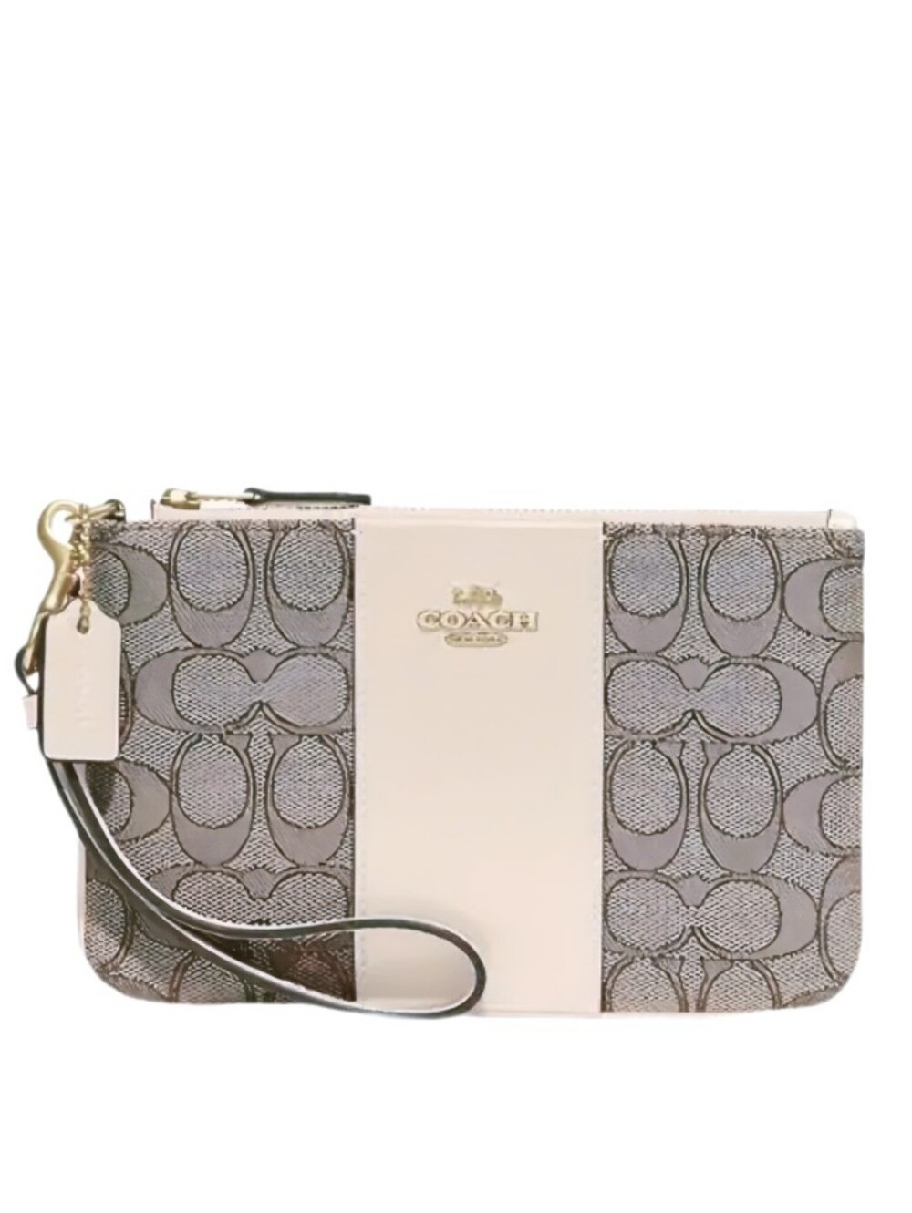 ๐ Coach Khaki Chalk Outline Signature Stripe Wristlet Clutch Pouch Bag